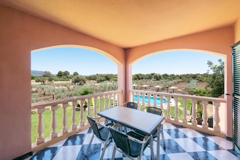 Una terraza cubierta con una mesa de comedor da a un paisaje rural ajardinado.