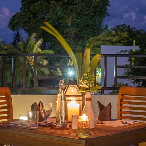 Dinner table on the restaurant terrace.