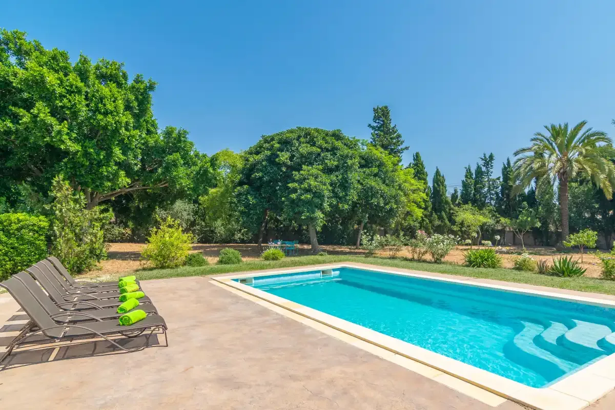 An outdoor swimming pool beside a paved patio, lounge seating, and garden trees.