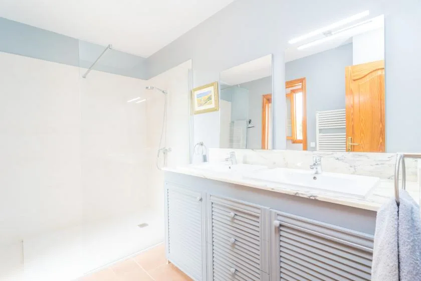 A bright bathroom with a long vanity and a walk-in shower.