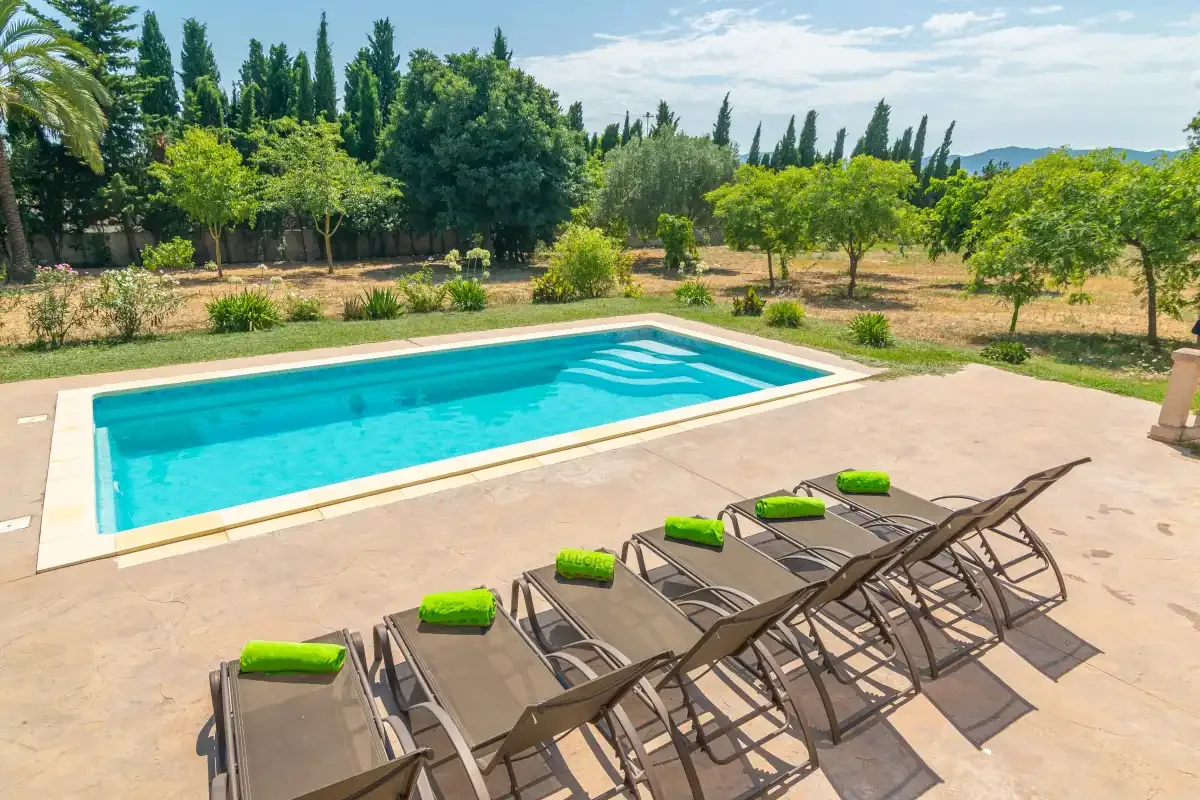 A swimming pool beside a paved deck with rows of sun loungers.
