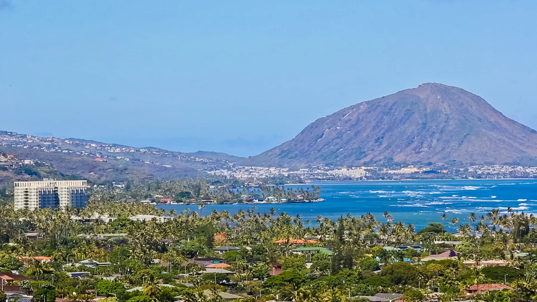 A coastal landscape with a mountain, blue water, and palm trees.
