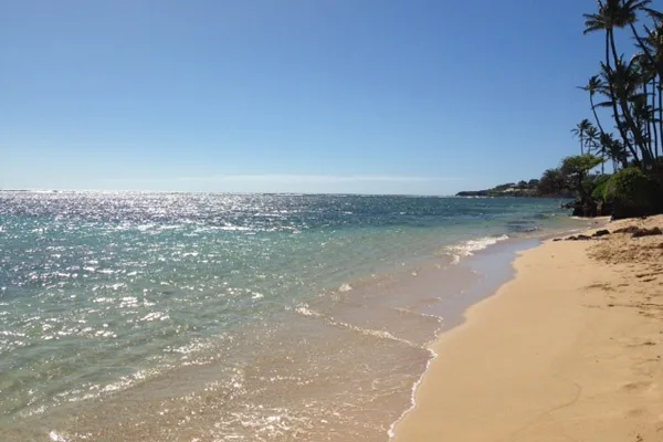 A sandy beach curves along clear water beneath a bright blue sky.