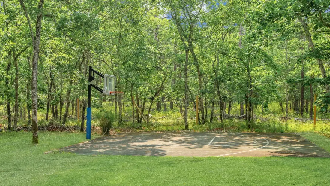 Una cancha de baloncesto al aire libre está en un claro con césped, entre árboles.