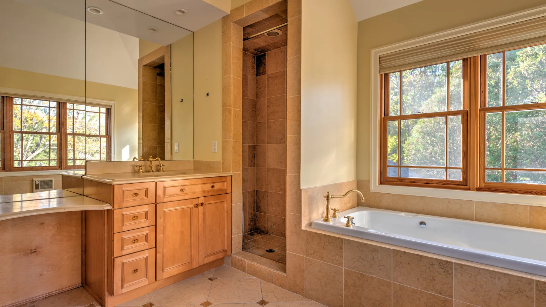 A bathroom with a bathtub, shower, and wooden vanity beside large windows.