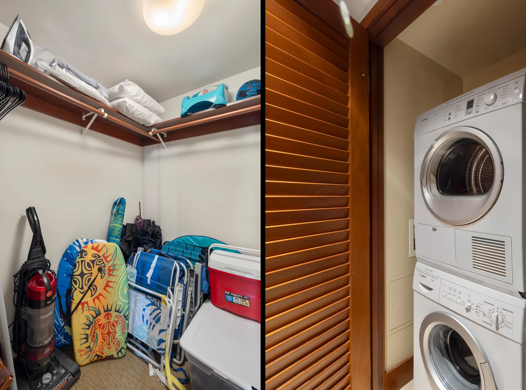 Una zona de almacenamiento con estantes, ropa de cama doblada y varios objetos guardados.