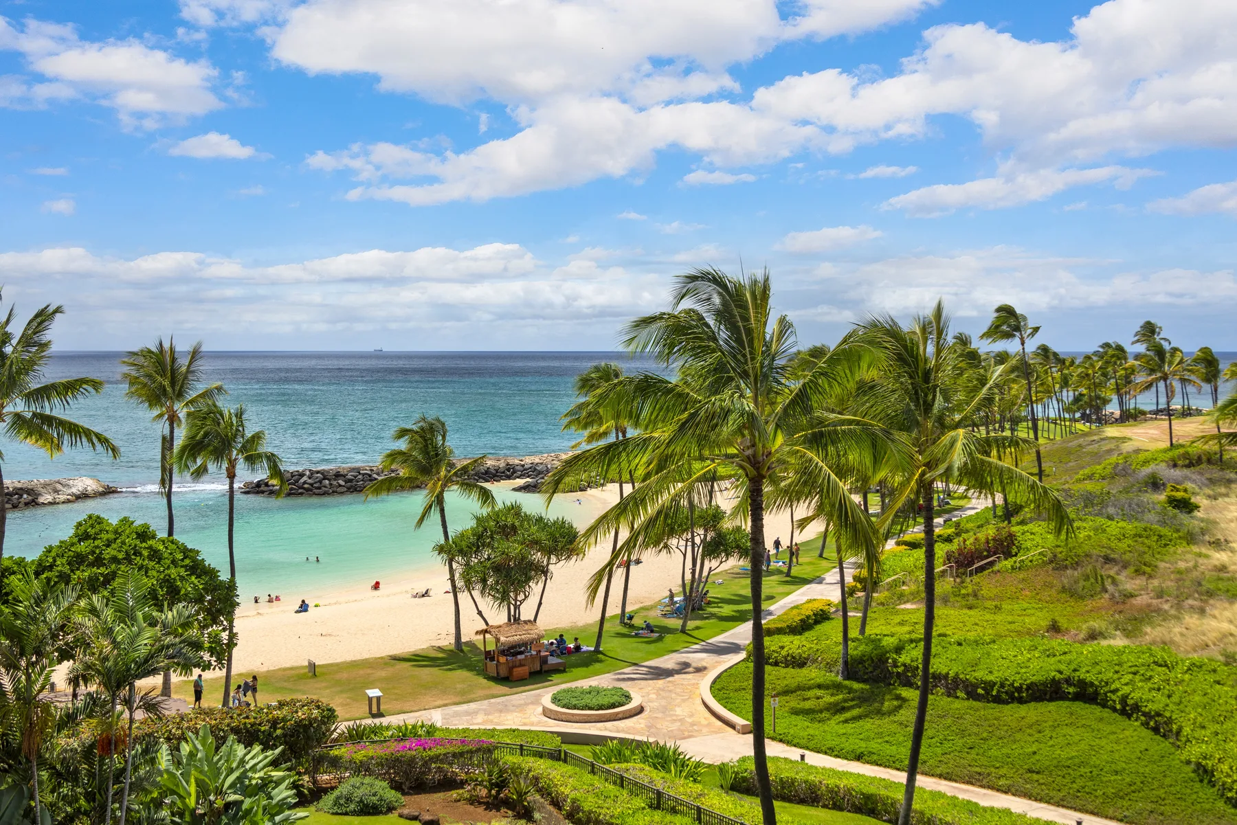 Una playa tropical con palmeras, agua turquesa y un sendero curvo.