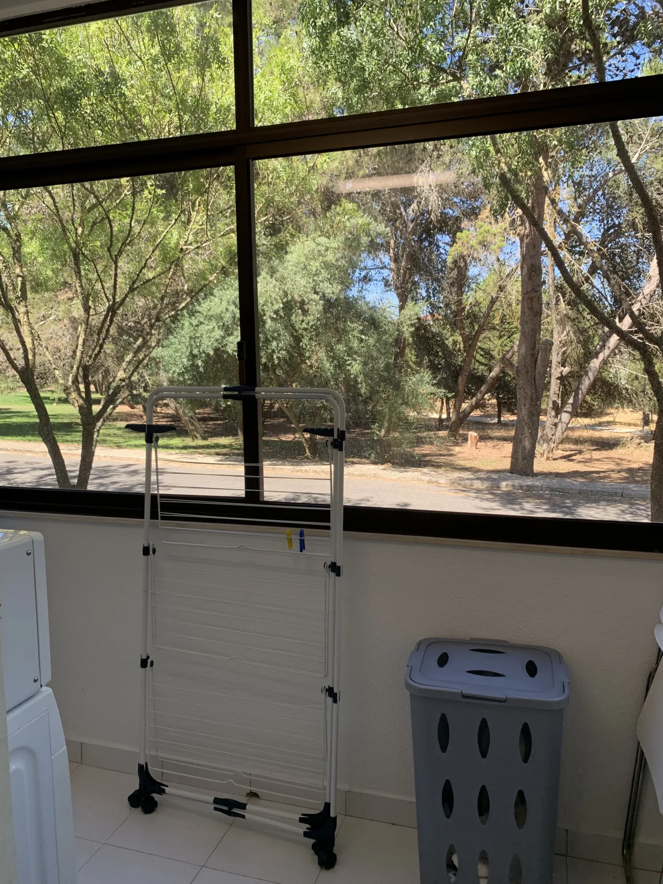 Una zona de servicio luminosa con un tendedero junto a una gran ventana que da a los árboles.