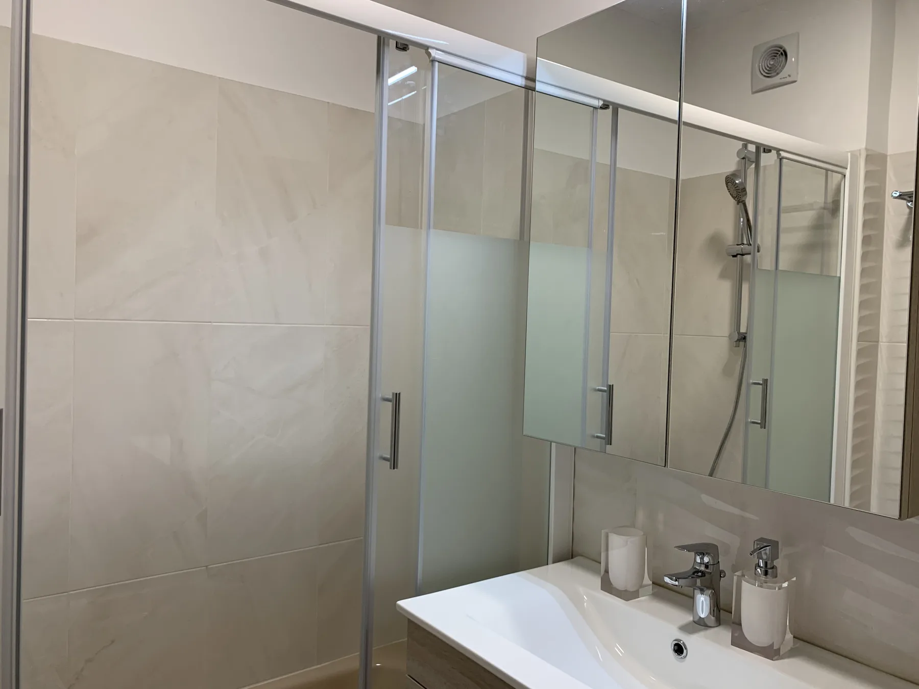 Un baño alicatado con una ducha de cristal y un lavabo bajo un espejo grande.