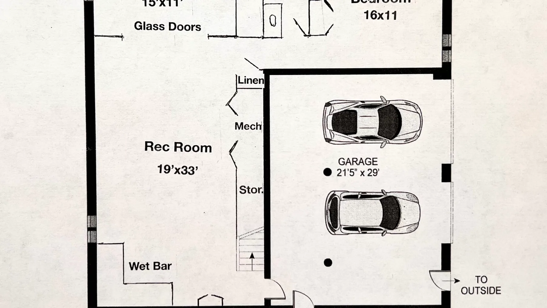 A floor plan shows a recreation room, wet bar, and garage.