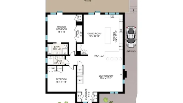 A floor plan shows bedrooms, bathrooms, a dining area, and a living room.