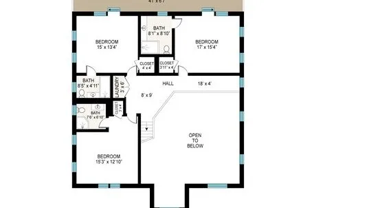 A two-story floor plan shows bedrooms, bathrooms, a hall, and an open area below.