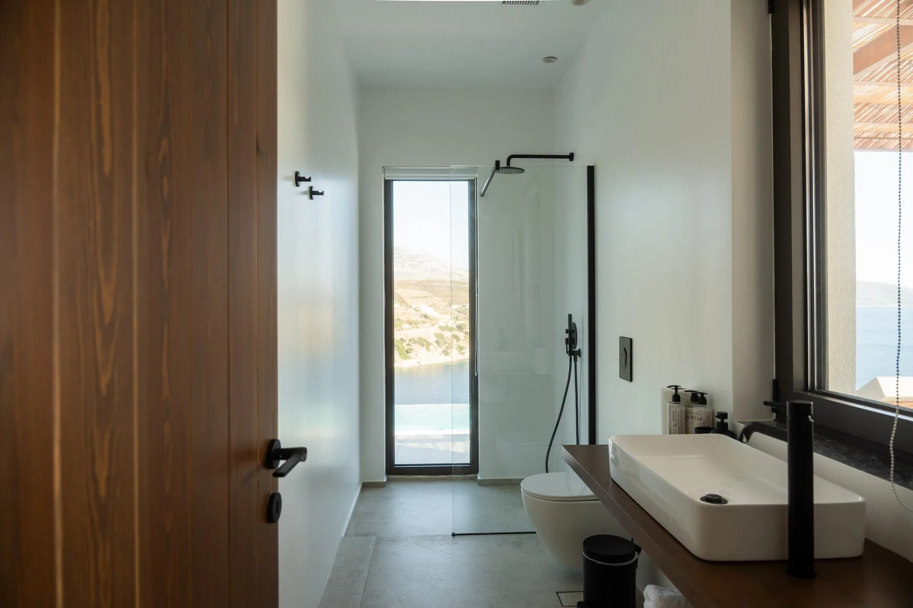 A bright bathroom with a walk-in shower and a sink beside the window.