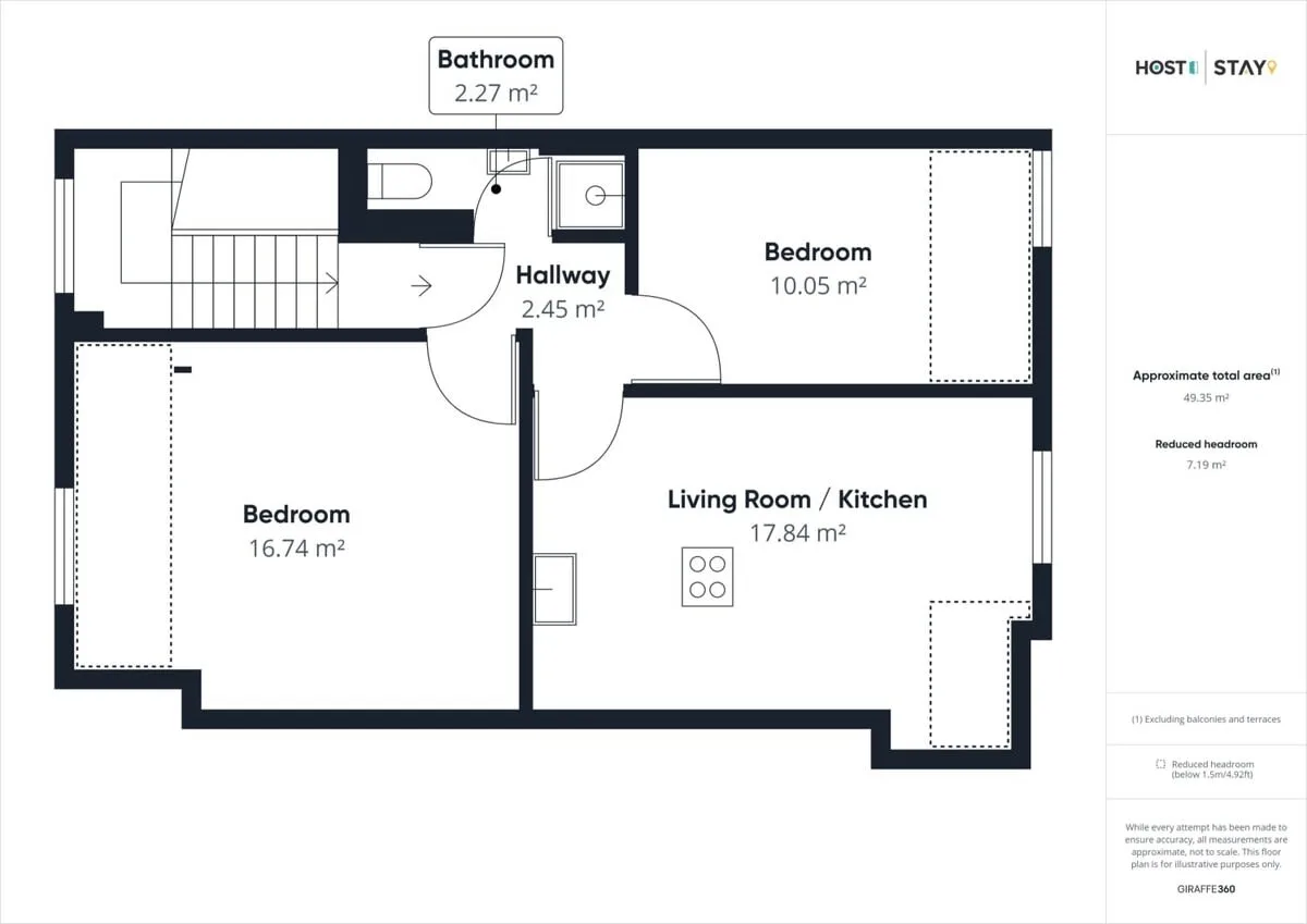 A floor plan shows two bedrooms, a bathroom, and a living room with kitchen.