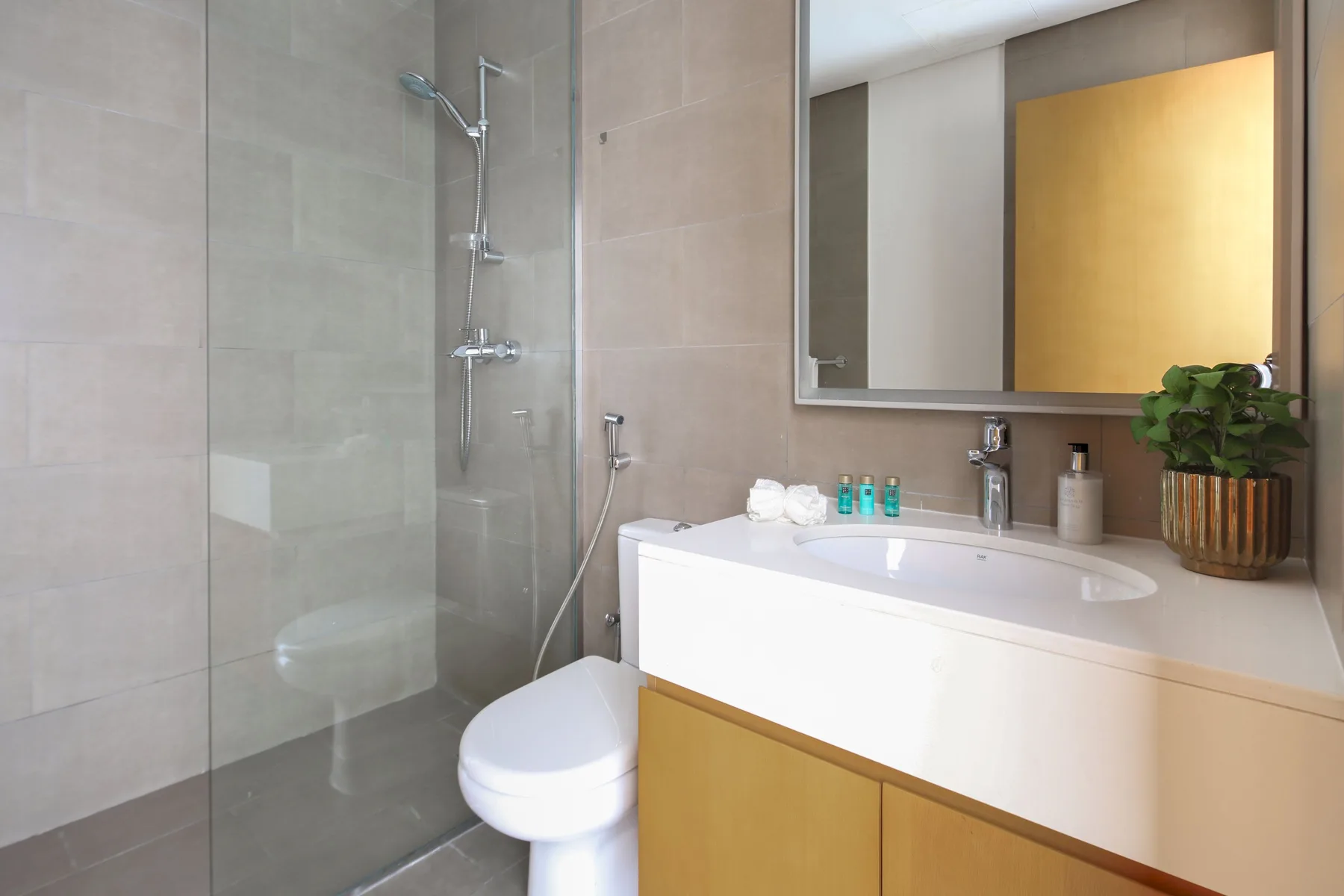 Un baño moderno con ducha de vidrio, lavabo y un espejo grande.