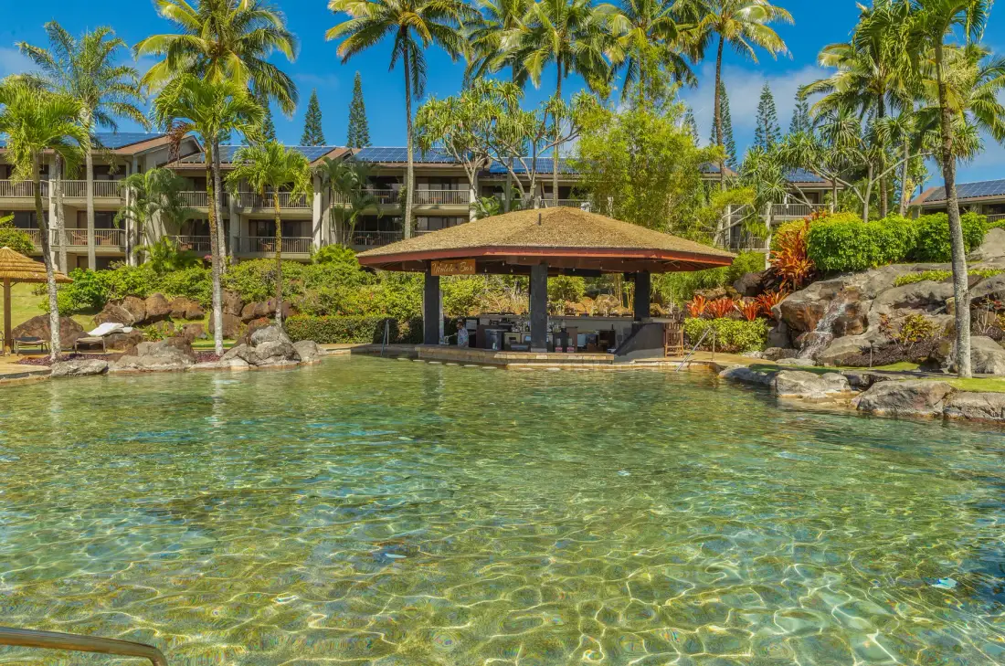 A tropical resort pool sits in front of a shaded pavilion and palm trees.