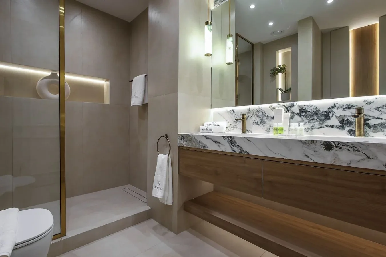 Un baño moderno con una ducha de vidrio y un lavabo largo.