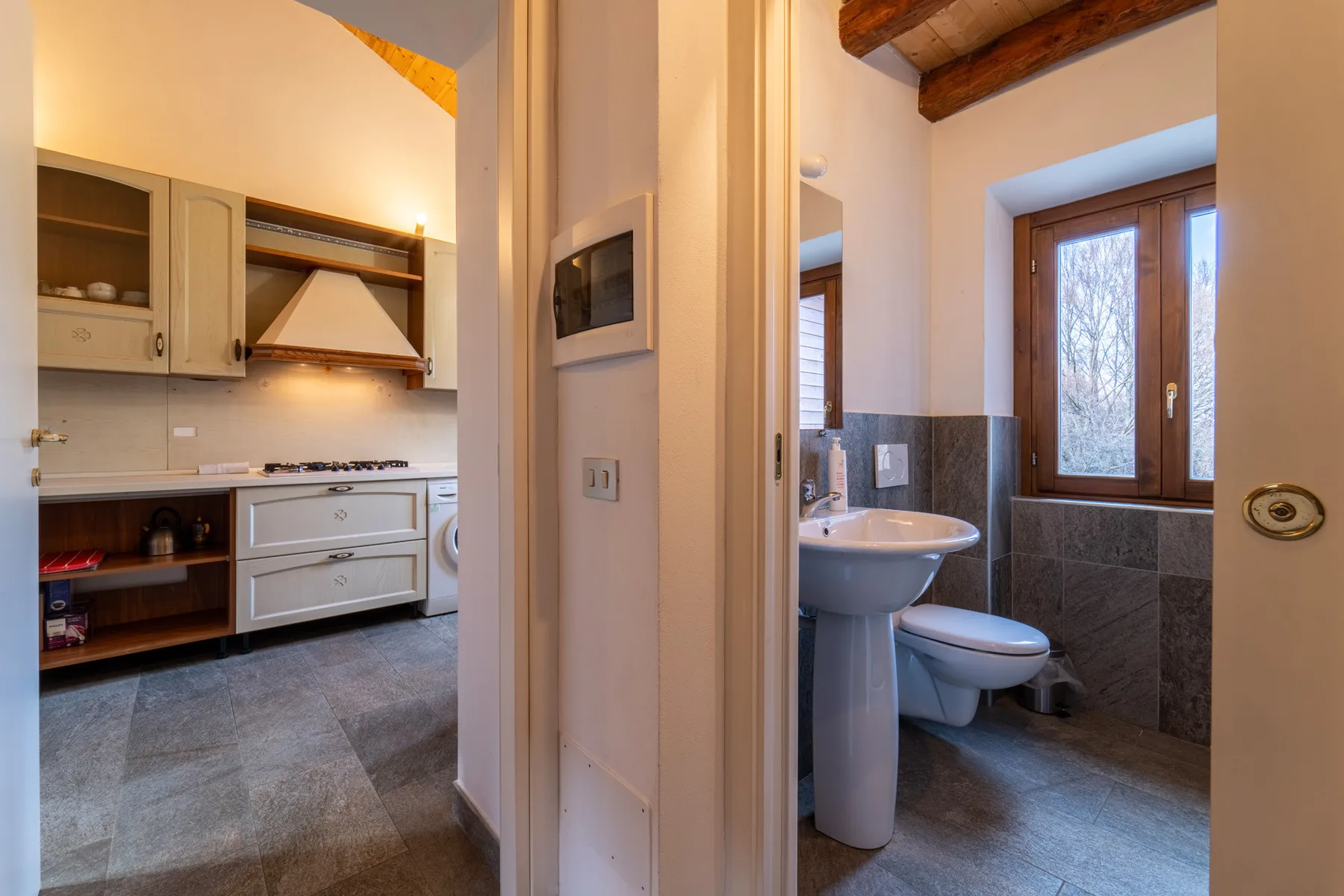 A kitchen and bathroom are visible through adjoining doorways.