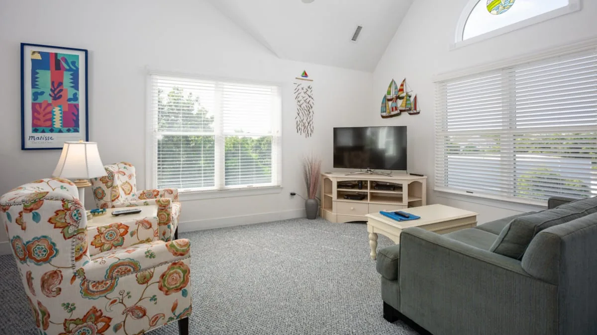 Una sala luminosa con asientos estampados, un televisor y grandes ventanas.