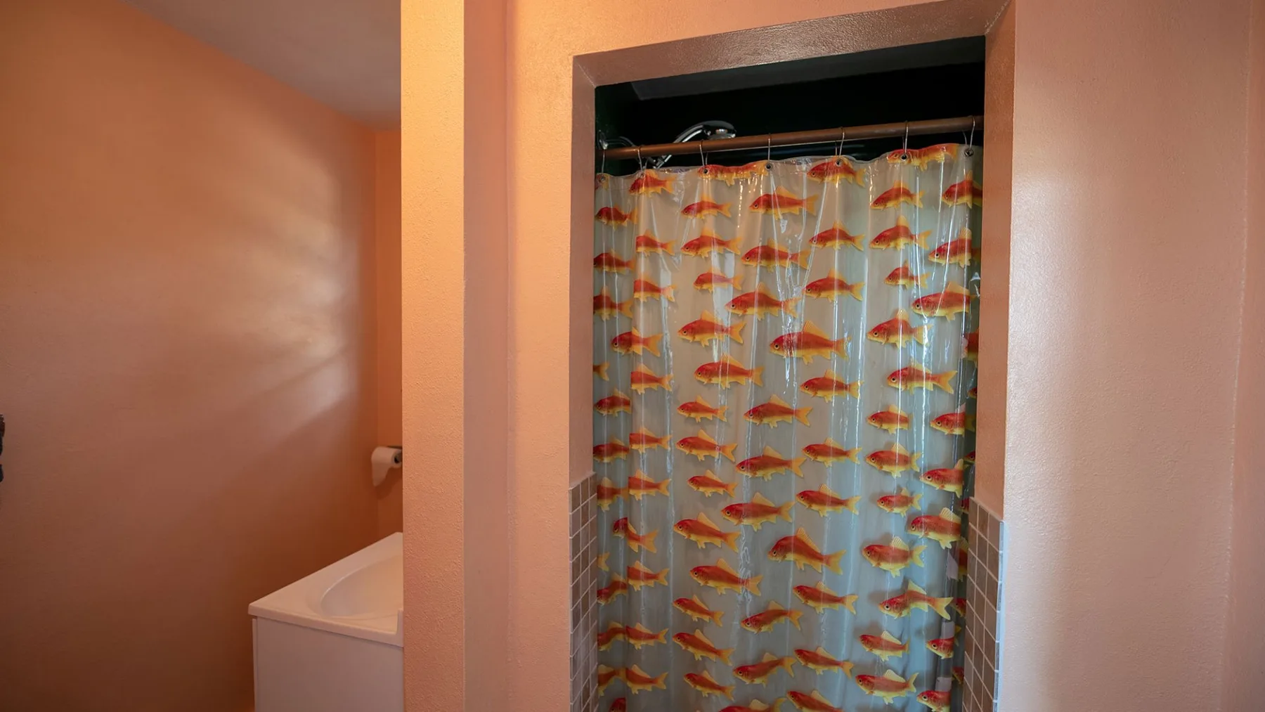 Una ducha de baño tiene una cortina colorida con peces junto a una bañera.