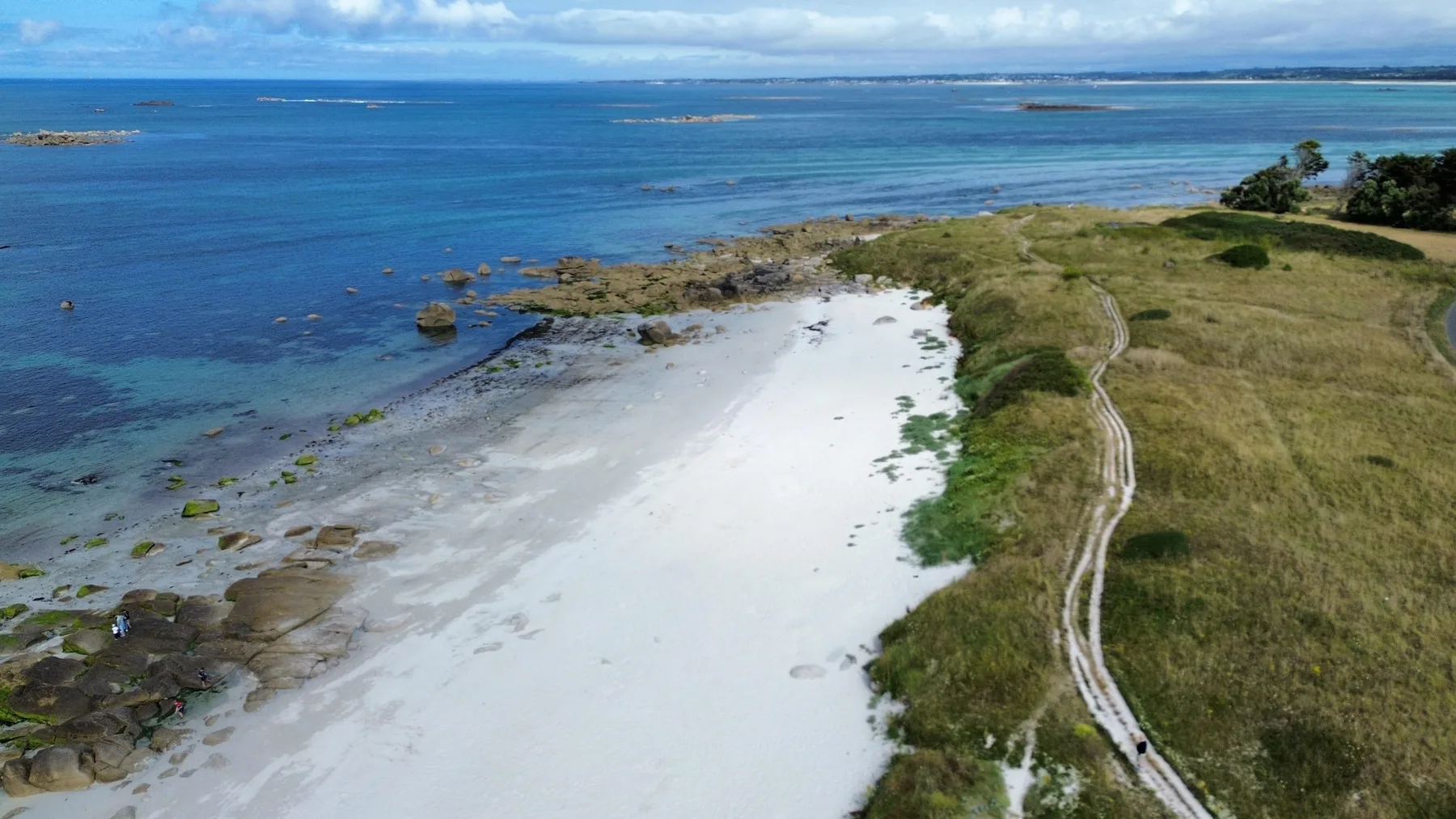 A sandy beach borders clear blue water and grassy coastal land.