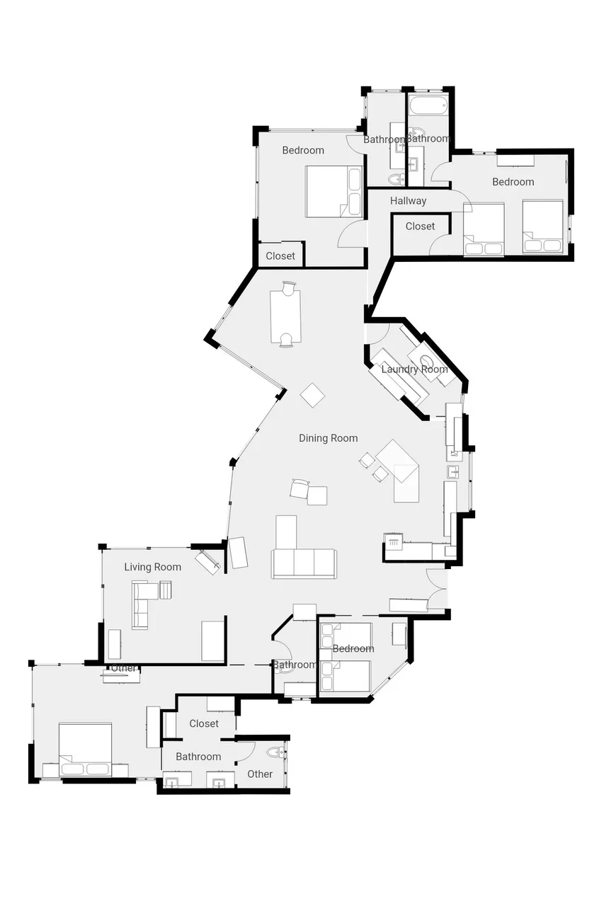 A floor plan shows bedrooms, bathrooms, and a central living and dining area.