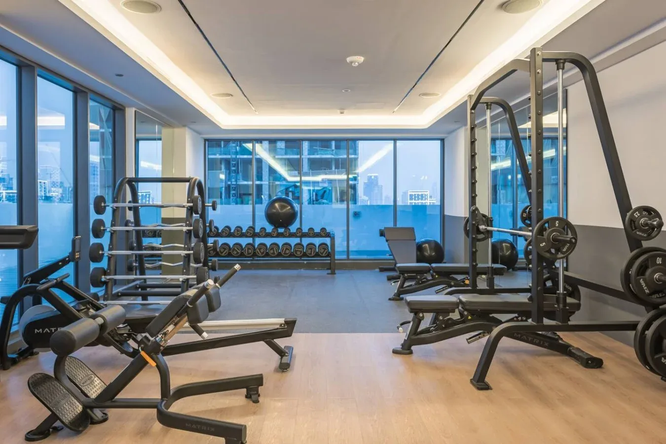 Un gimnasio con máquinas de ejercicio, pesas y grandes ventanas.