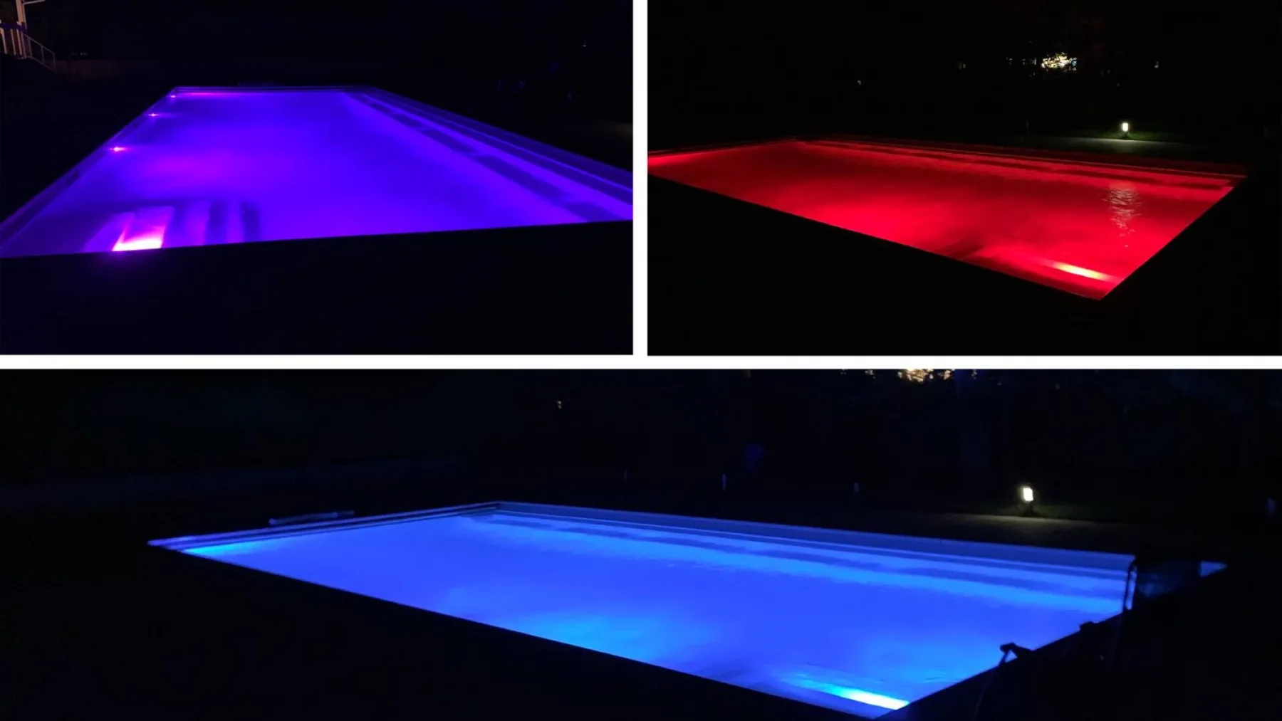 A swimming pool glows with colorful lights at night.