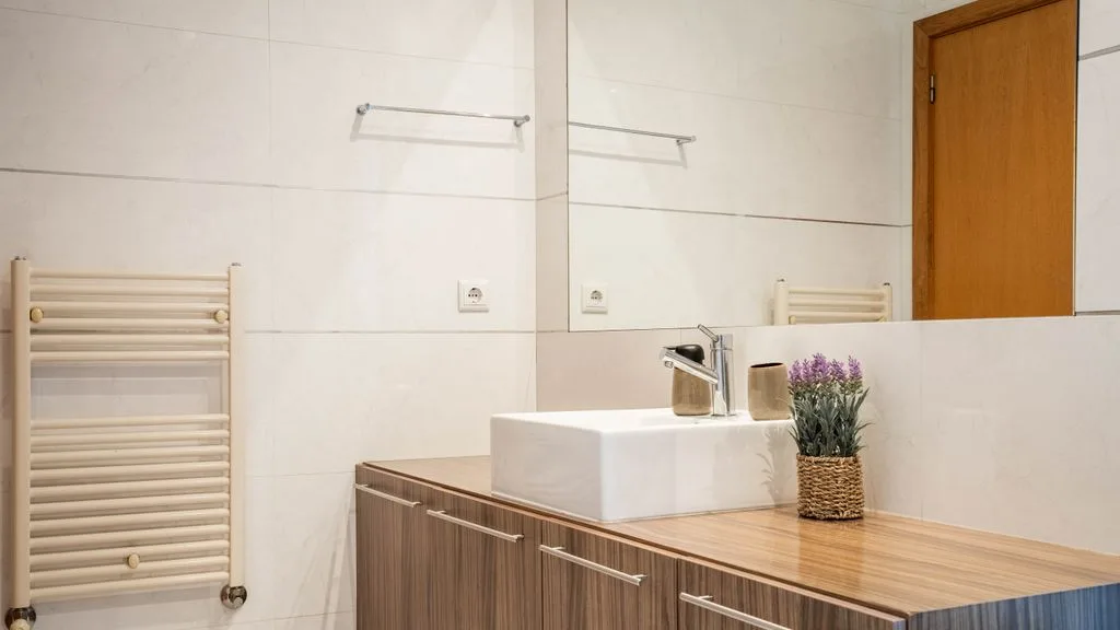 A bathroom vanity with a sink, wooden countertop, and wall mirror.