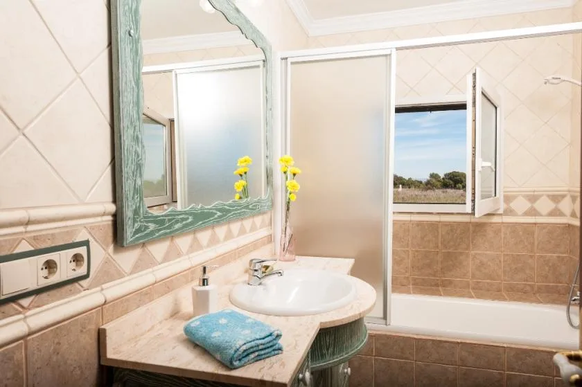 A bathroom with a sink, mirror, and frosted glass shower panels.