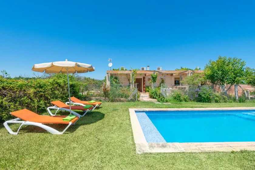 Outdoor swimming pool beside a grassy yard with lounge seating and a shaded area.