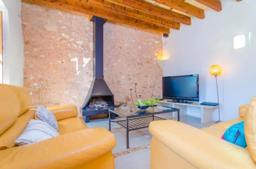 A living room with seating, a television, and a freestanding fireplace.