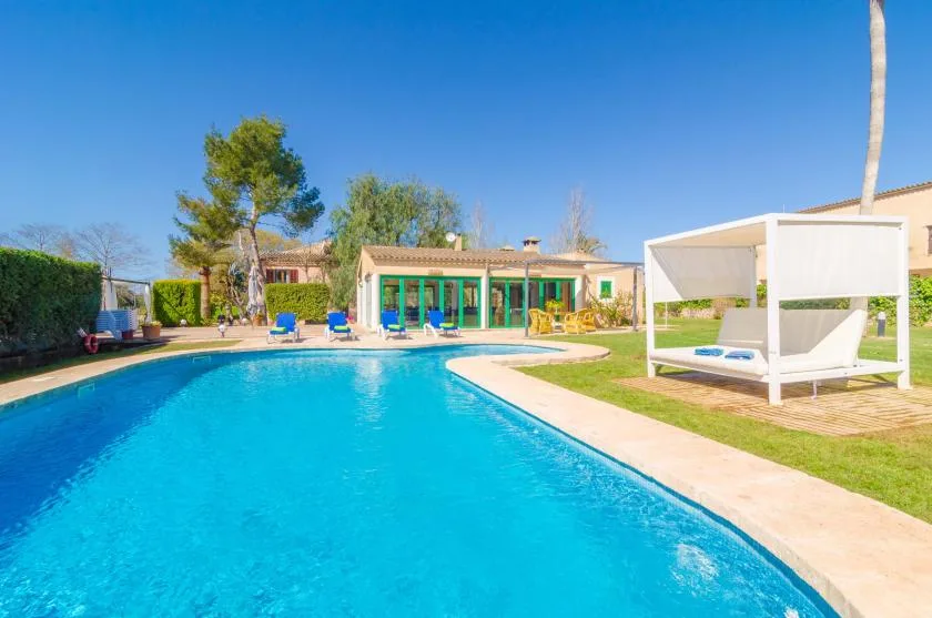 A swimming pool curves through a landscaped outdoor area beside a modern building.