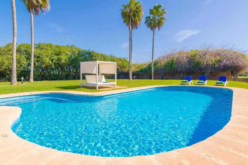 Una piscina luminosa está junto a un césped y varias palmeras.
