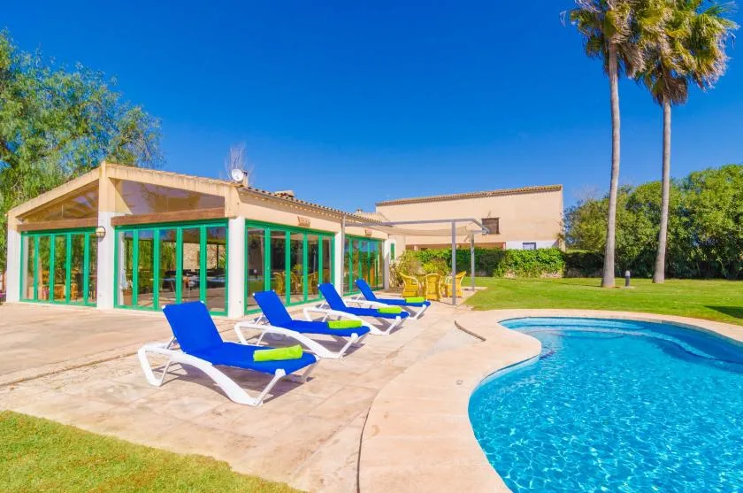 A swimming pool beside a sunlit patio with lounge chairs and a glass-fronted building.