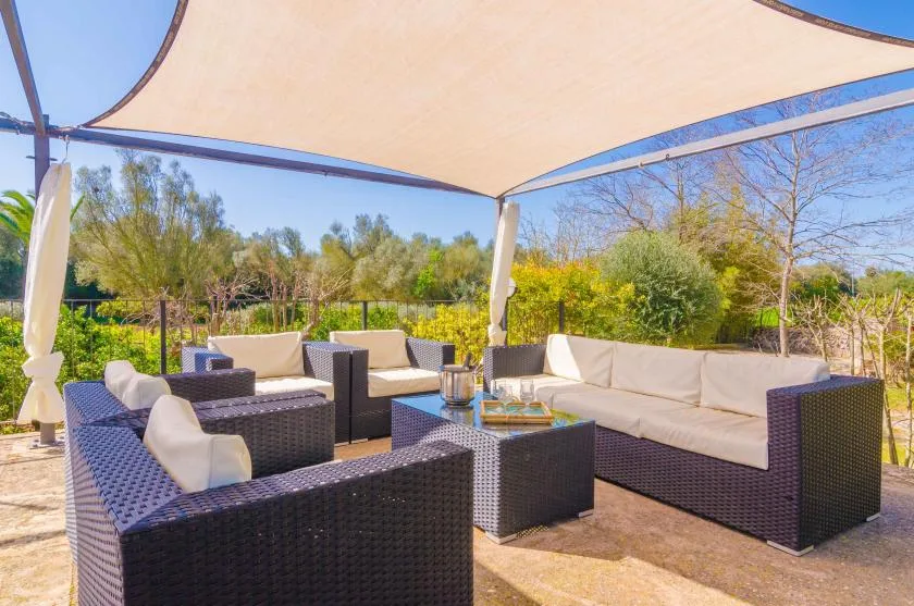 An outdoor seating area sits beneath a canopy, surrounded by greenery.