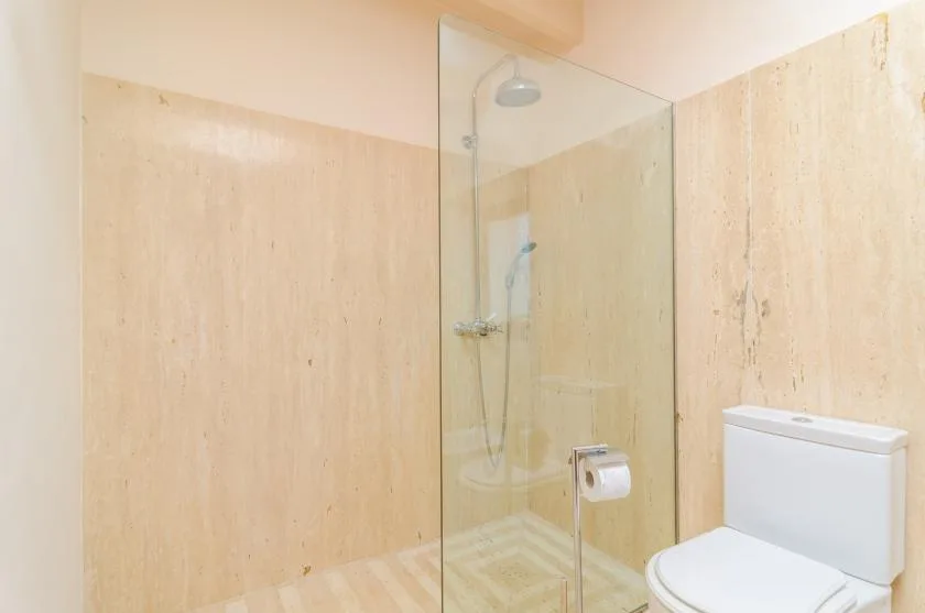 A bathroom with a glass shower and a toilet.