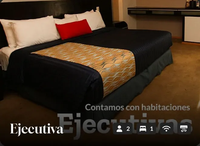 Hotel room with a king bed, white and red pillows, and a patterned bed runner.