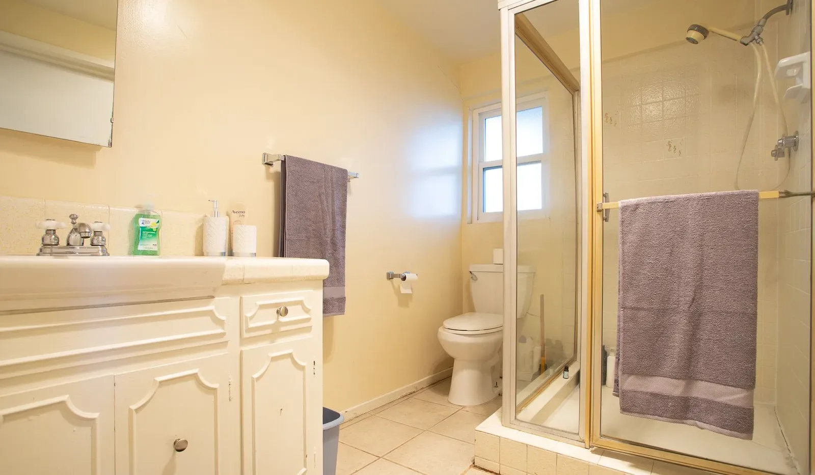 Un baño con lavabo, inodoro y ducha de vidrio.
