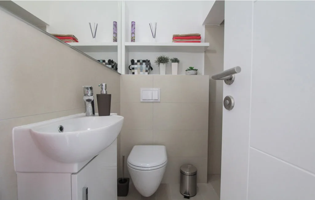 Un baño moderno con lavabo e inodoro debajo de estantes abiertos.