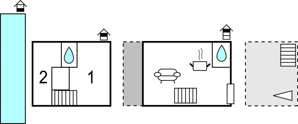 Plano que muestra dos habitaciones conectadas con asientos, una mesa y un elemento de baño.