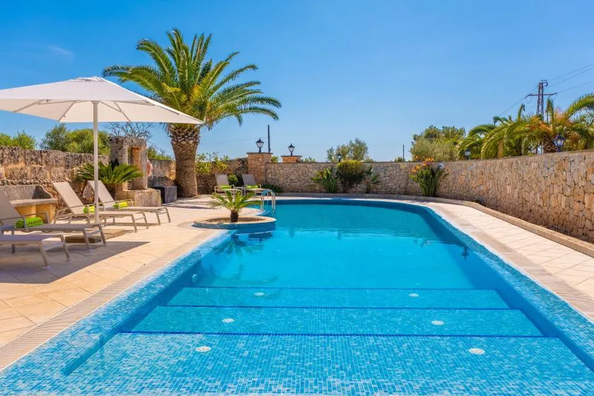 An outdoor swimming pool sits beside a stone wall, palm trees, and shaded seating.