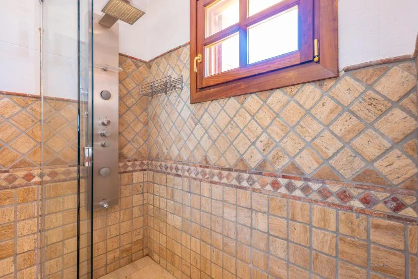 A tiled shower area with a rainfall showerhead and a small window.