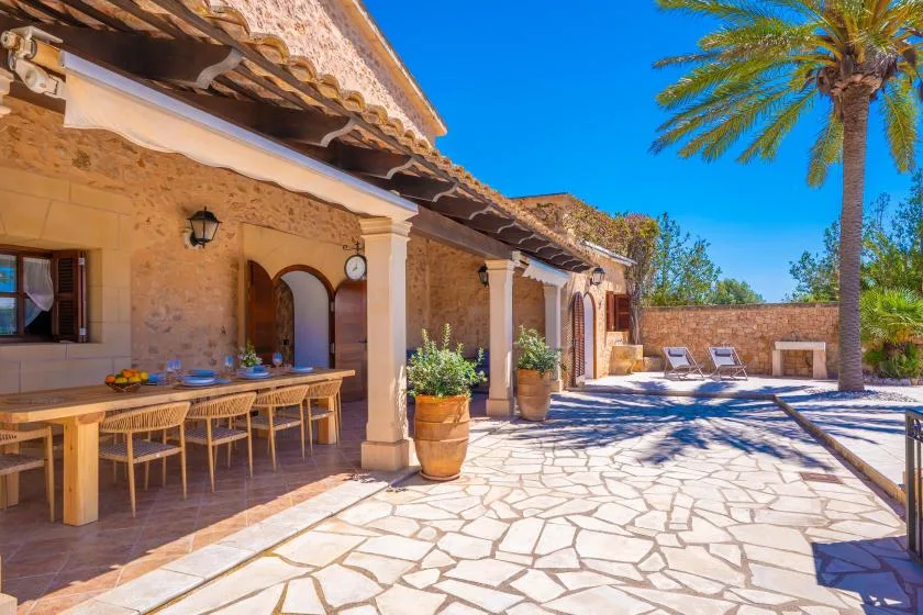 A stone-paved patio beside a building, with outdoor seating and a palm tree.