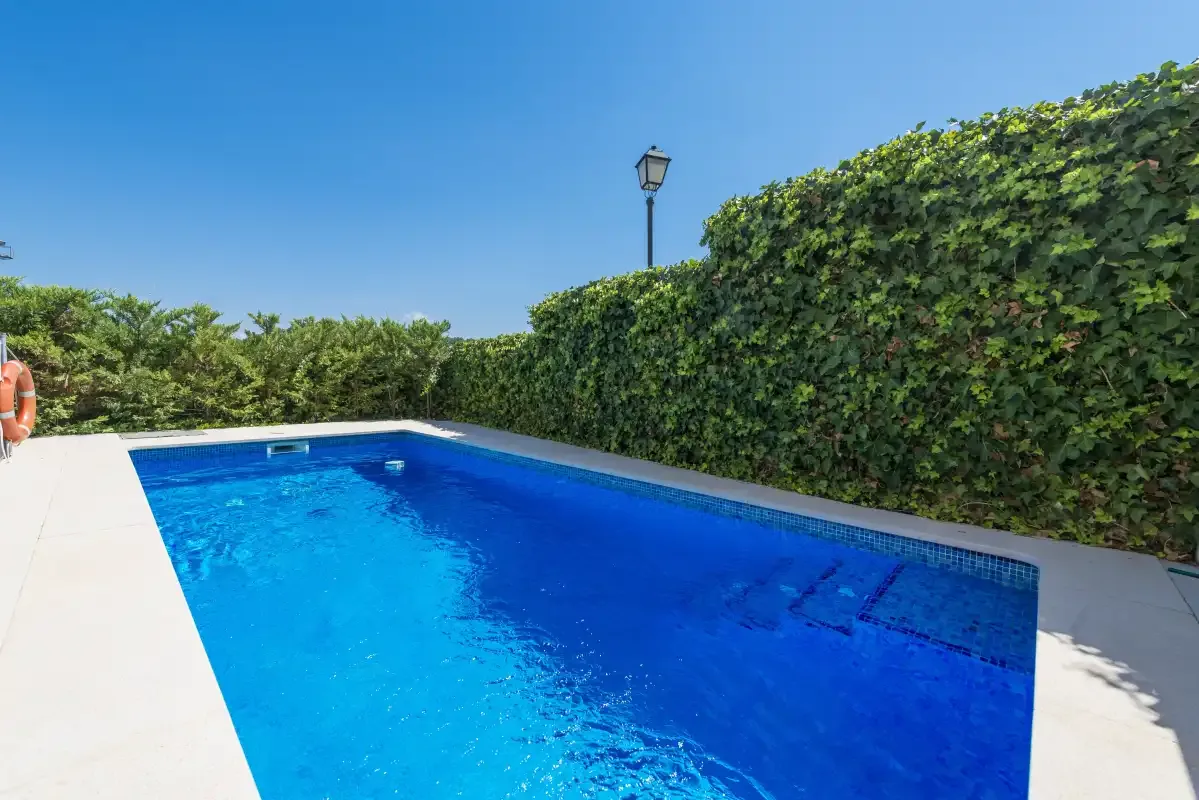 An outdoor swimming pool is surrounded by a paved deck and tall green hedges.