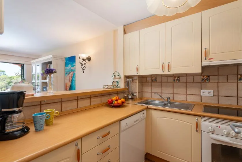 A bright kitchen with pale cabinets, a countertop, and a double-basin sink.
