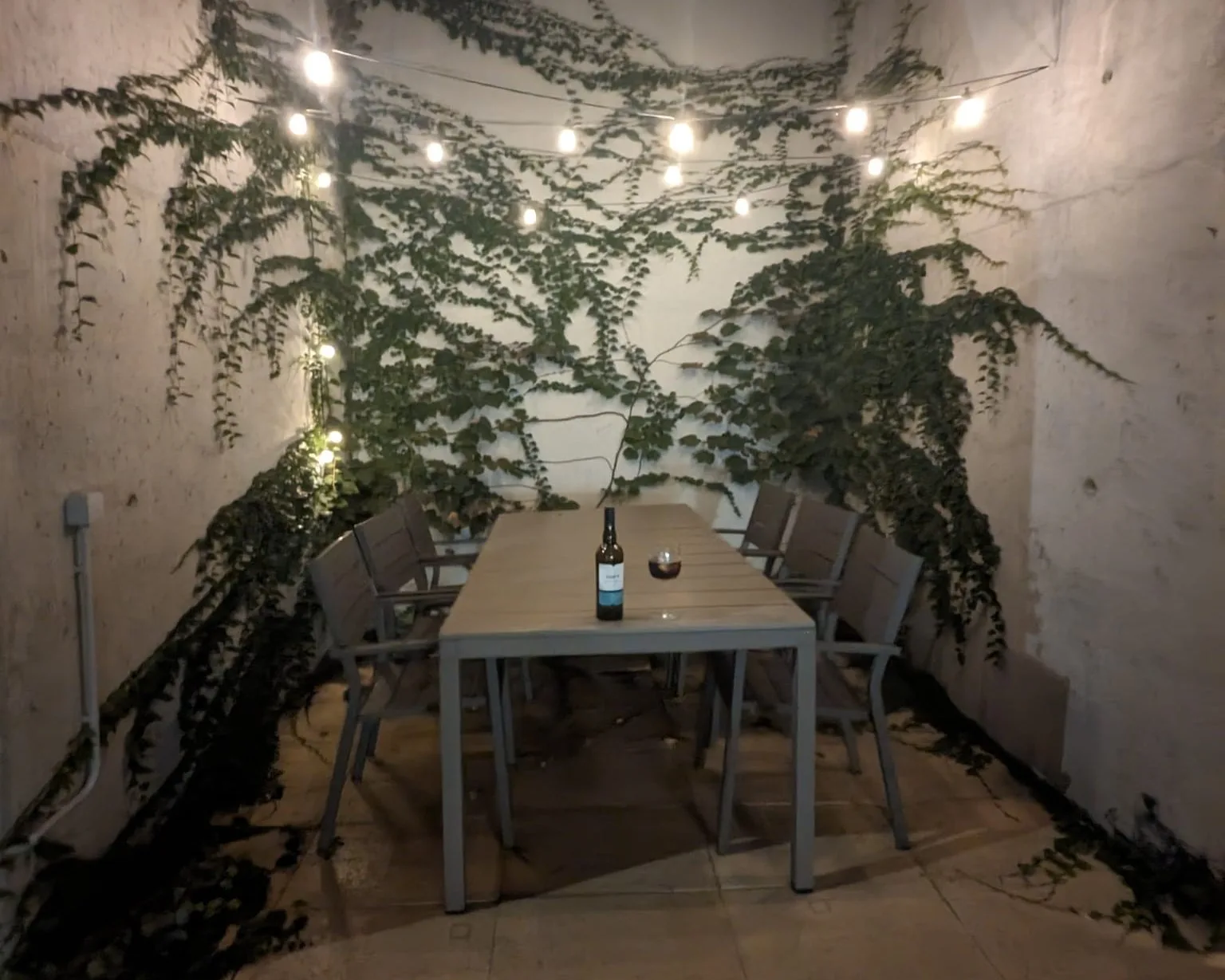 Comedor exterior con plantas, una mesa, asientos y luces colgantes.