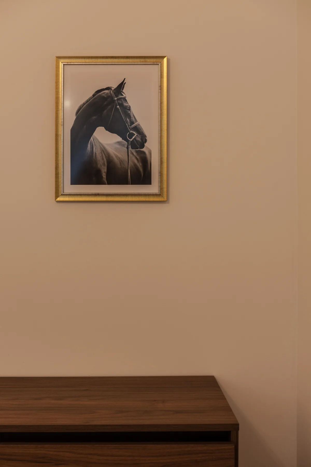 Un retrato enmarcado de un caballo cuelga sobre un mueble de madera, frente a una pared lisa.