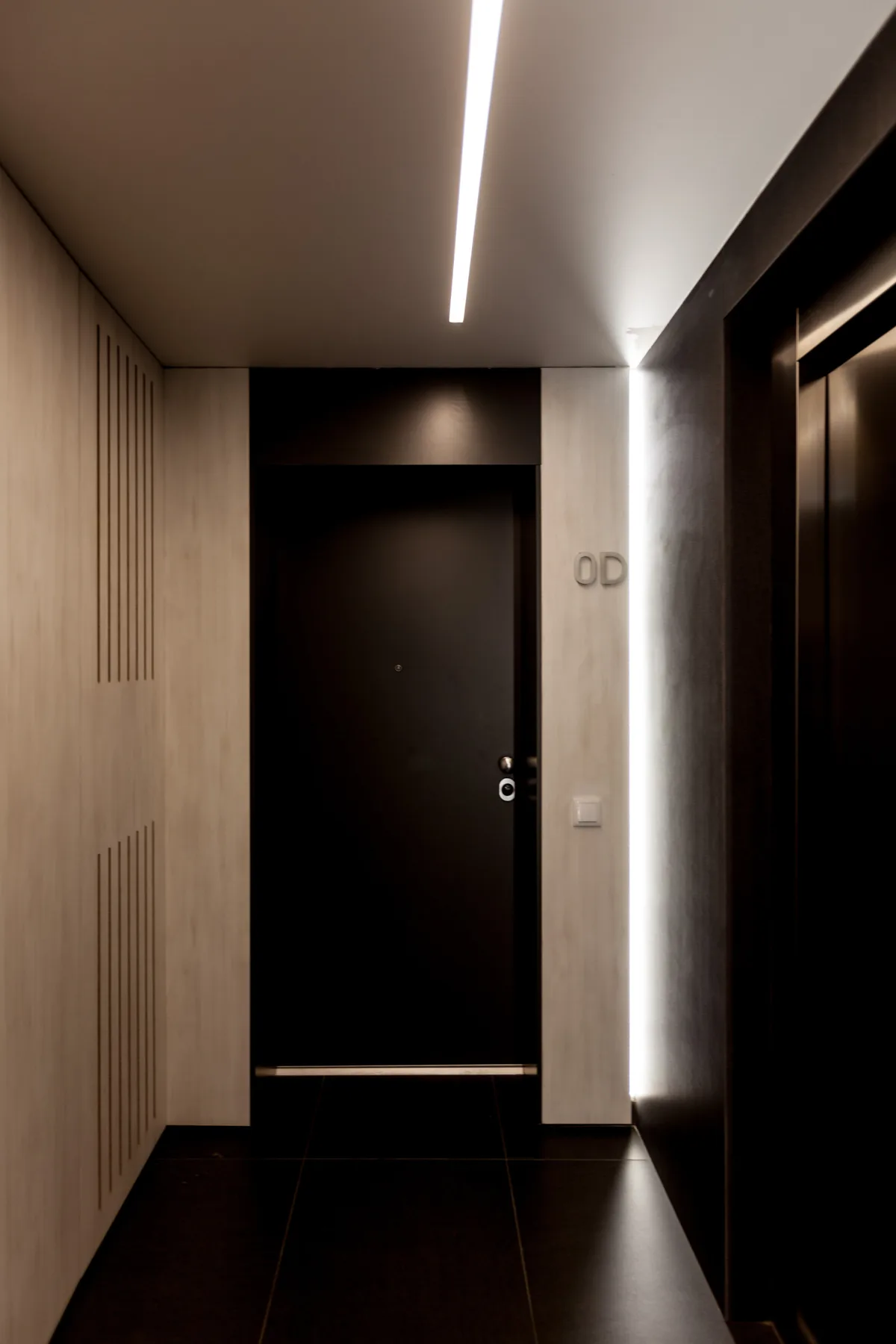 Un pasillo moderno con una puerta oscura y una luz lineal en el techo.