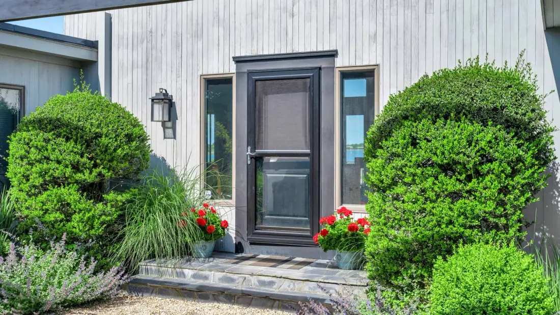 Entrada de una casa con puerta oscura, escalones y plantas con flores.